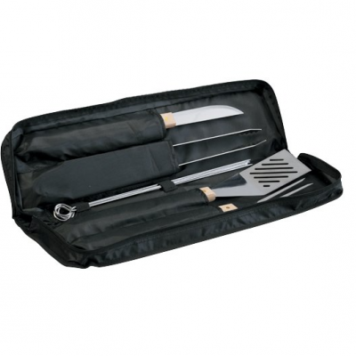 Conjunto de utensílios para churrasco em bolsa preta