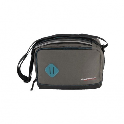 Mala de ombro cinzenta com detalhes em azul e preto e logótipo CAMPINGAZ