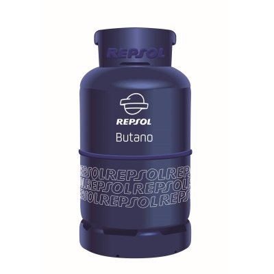 Botija de gás de butano REPSOL azul escuro com texto e logotipo branco