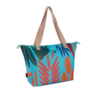 Mala colorida com padrão de folhas e alças bege