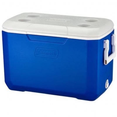 Caixa térmica azul com tampa branca e alças laterais