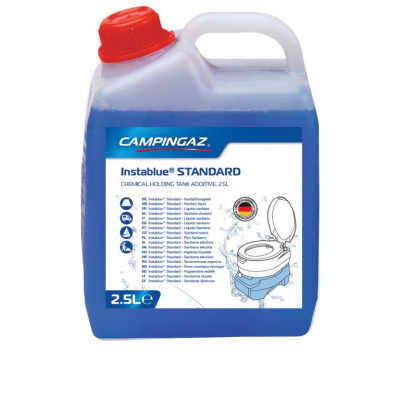 Recipiente azul com tampa vermelha e etiqueta da marca Campingaz