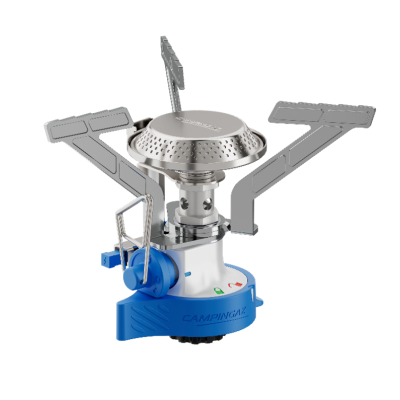 Fogão portátil de campismo metálico com detalhes em azul