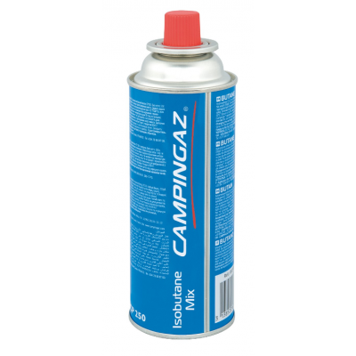 Lata de gás butano azul e metal com tampa vermelha e texto branco