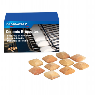 Embalagem azul de briquetes cerâmicos Campingaz com briquetes dispostos à frente