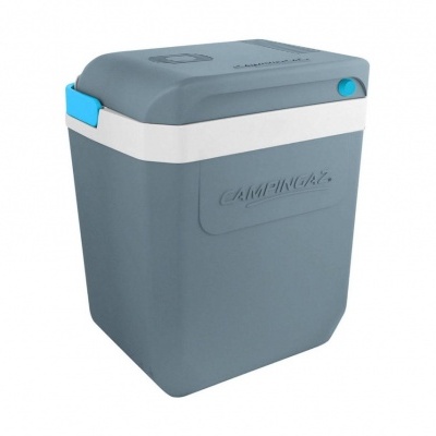 Caixa térmica cinza e azul em plástico rígido com o texto CAMPMATE