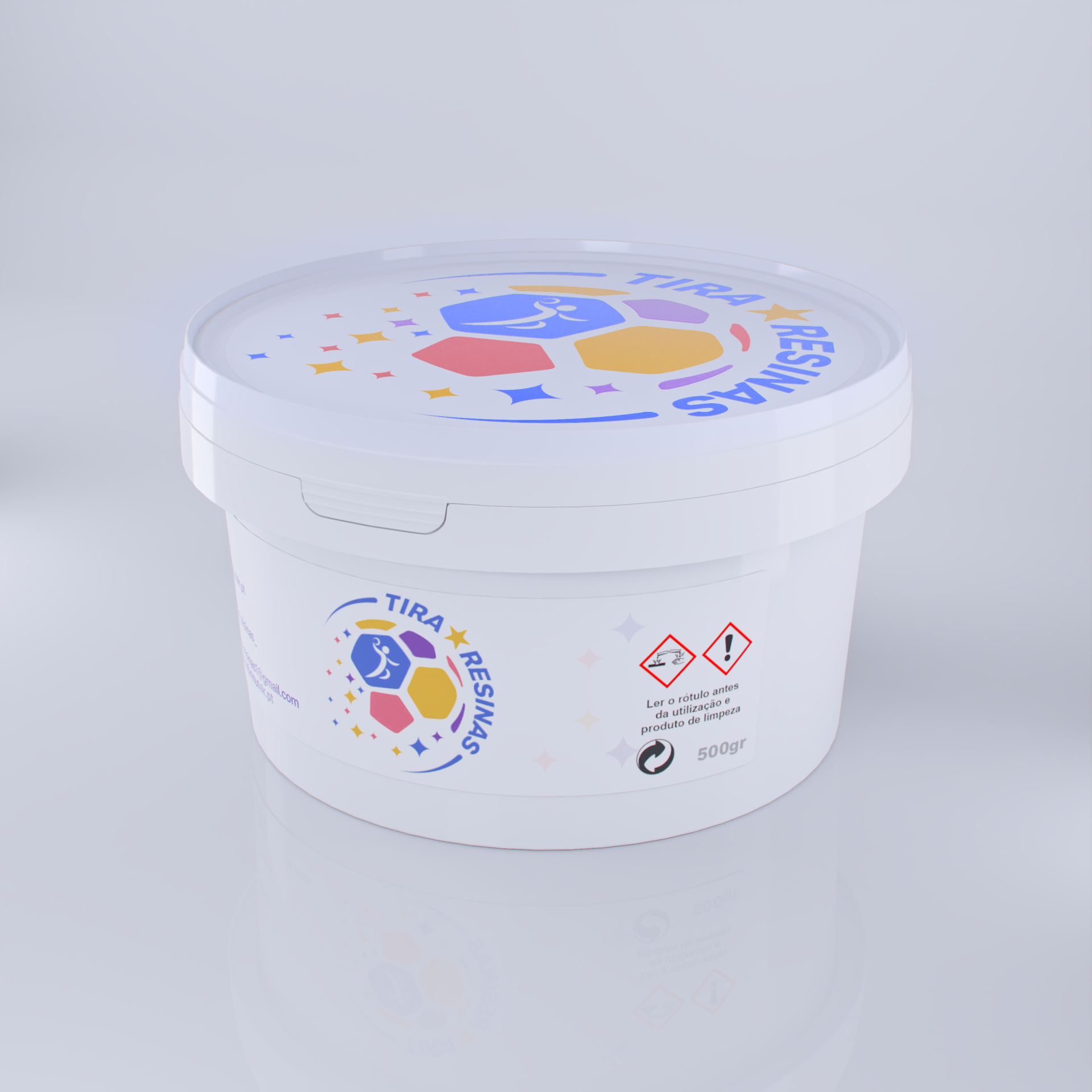 REMOZILL- Tira Resinas Embalagem de plástico branca com tampa e rótulo colorido TIRA RESÍDUOS