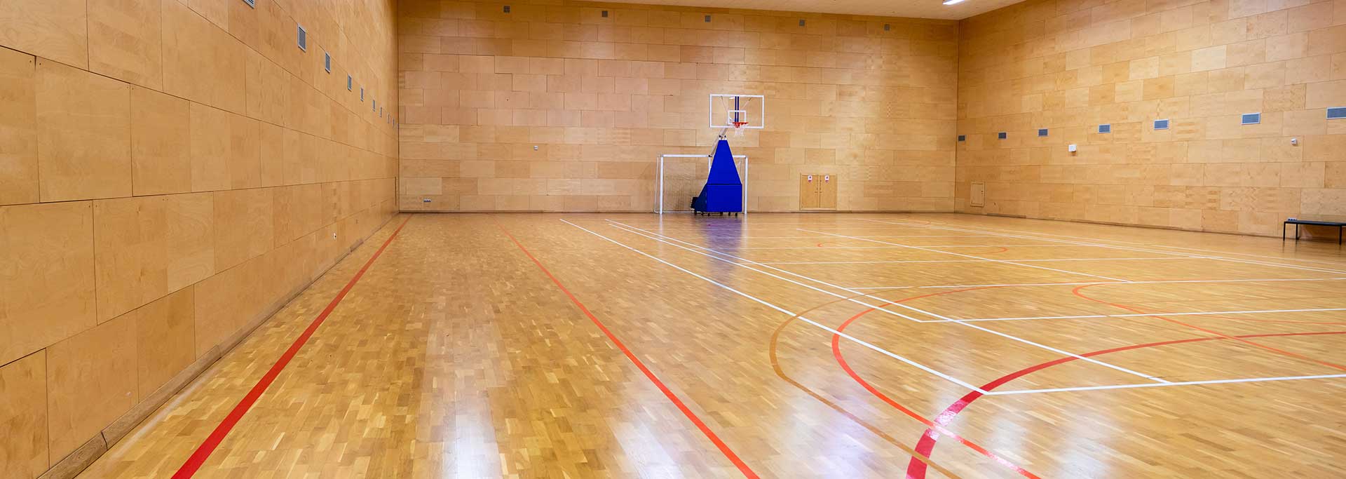 REMOZILL- Tira Resinas Pavilhão desportivo com chão de madeira polida, paredes de azulejos castanhos e cesto de basquetebol.