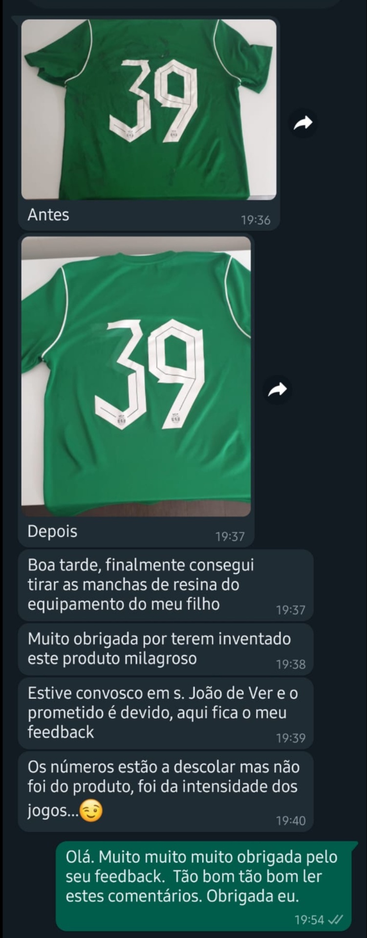 Camisola verde desportiva com número 39 branca nas costas, antes e depois da limpeza.