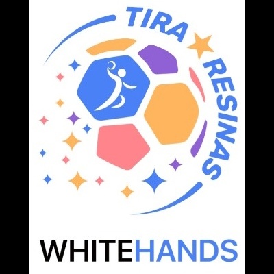 Logótipo colorido com hexágonos, uma pessoa a jogar futebol e textos TIRA RESINAS e WHITE HANDS