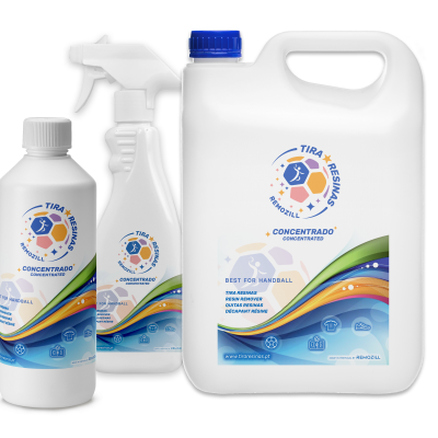 Três frascos brancos do produto Tira Resina concentrado com rótulos coloridos