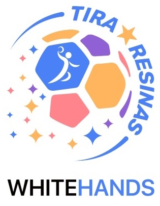 Logótipo colorido com hexágonos, uma pessoa a jogar futebol e textos TIRA RESINAS e WHITE HANDS