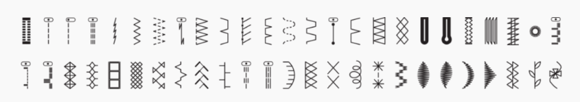 Máquina de costura bernette 37 54 símbolos de costura em preto e branco organizados em quatro linhas