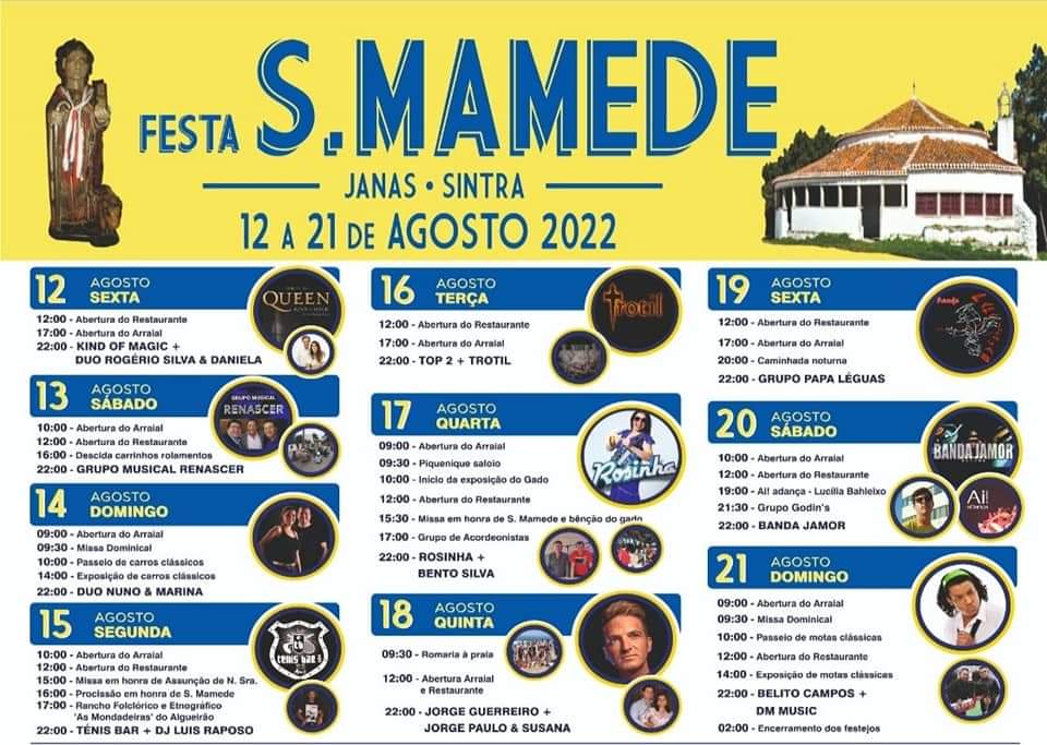 Cartaz amarelo da Festa S. Mamede com programação de 12 a 21 de agosto de 2022 em Janas Sintra