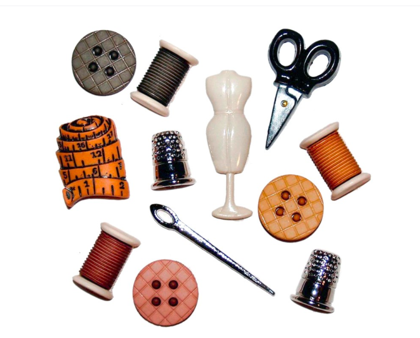 Botões "Costura" Conjunto de acessórios de costura incluindo linhas, botões, dedais, tesoura, agulha e mini manequim