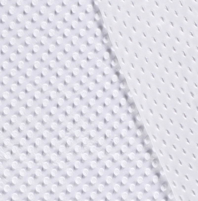 Minky Branco Detalhe de tecido branco com texturas de pontos elevados e furos
