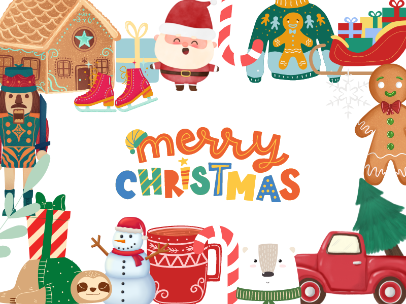 Ilustrações de Natal variadas com texto Merry Christmas no centro