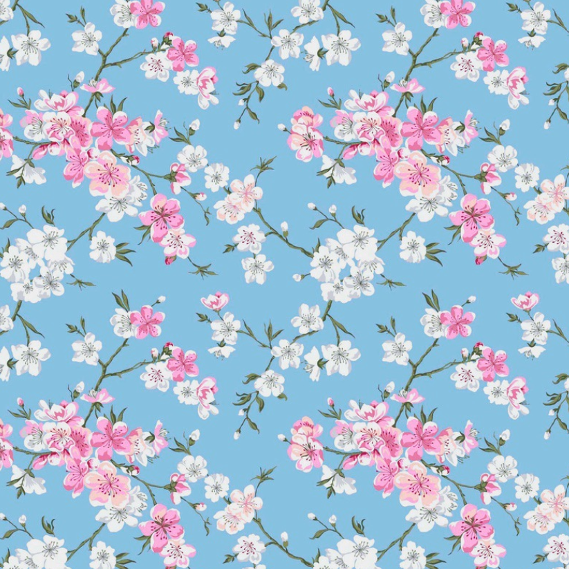 Resinado Osaka Azul Padrão floral com flores rosa e brancas sobre fundo azul claro