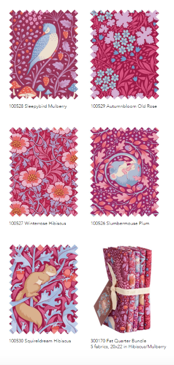 Fat Quarter Tilda Hibernation Hibiscus/Mulberry Tecidos decorativos com padrões florais e animais em tons rosas, roxos e azuis