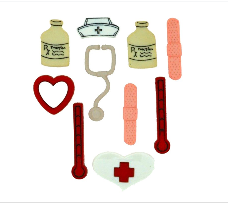 Botões "Primeiros Socorros" Adesivos médicos coloridos com símbolos de saúde e enfermagem