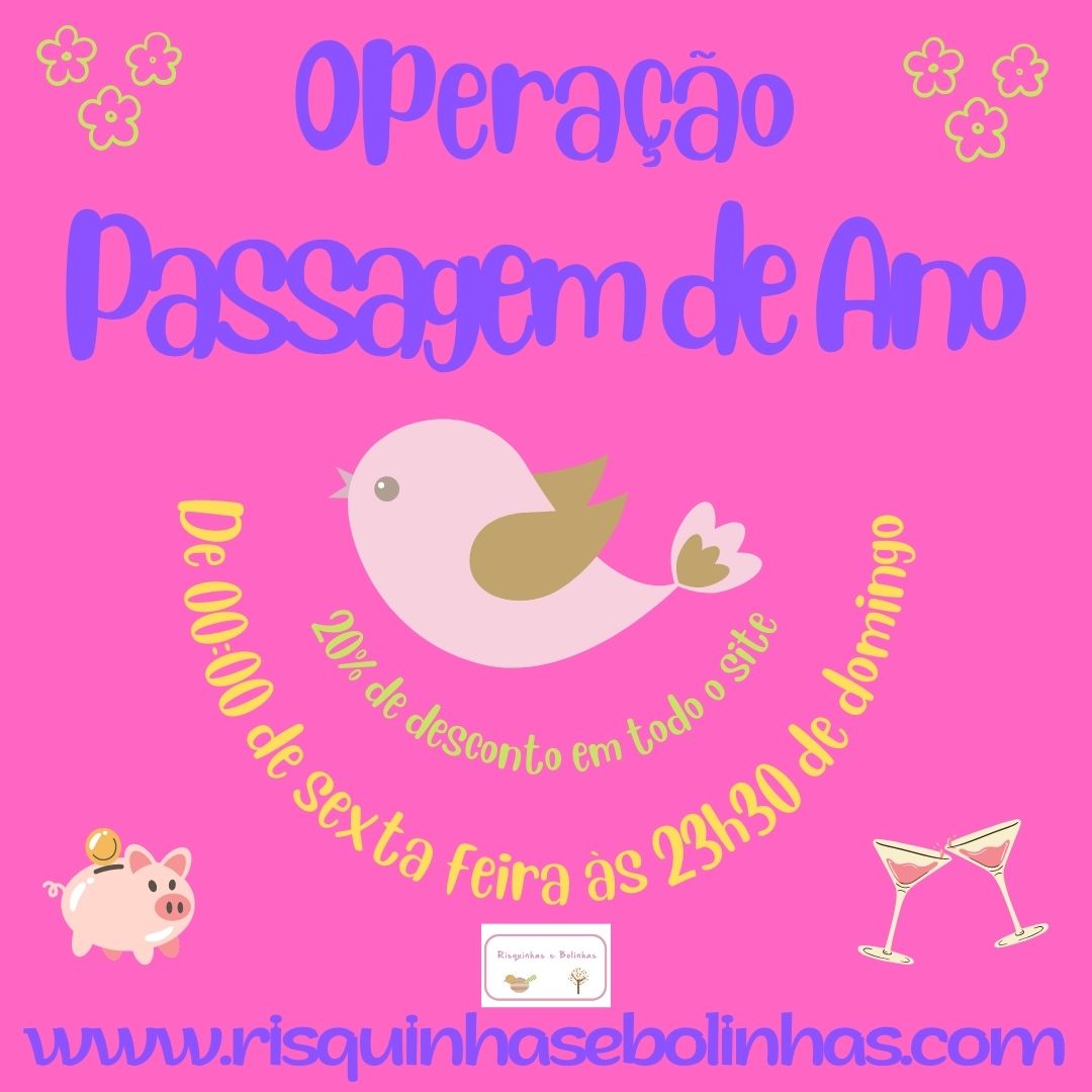 Anúncio colorido com pássaro, flores, porquinho, copos e texto sobre desconto para Passagem de Ano