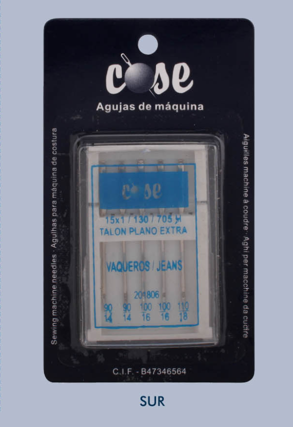 Agulhas para máquina de costura COSE - cabo fino para jeans Embalagem de agulhas de máquina cose para jeans em caixa transparente