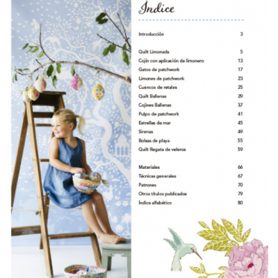 Índice do livro e menina sentada numa escada segurando cesta com ovos em fundo artístico azul e branco