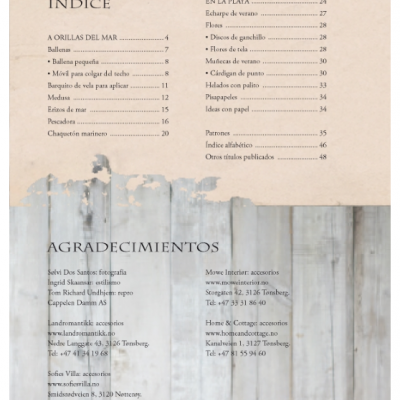 Página de índice e agradecimentos com texto em espanhol e português sobre fundo bege e cinza imitando madeira