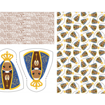 Padrão repetido de faces estilizadas com coroas e texto em castanho claro sobre fundo branco.