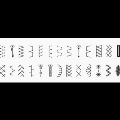 54 símbolos de costura em preto e branco organizados em quatro linhas