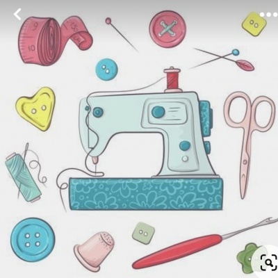 Ilustração de máquina de costura azul com acessórios coloridos de costura