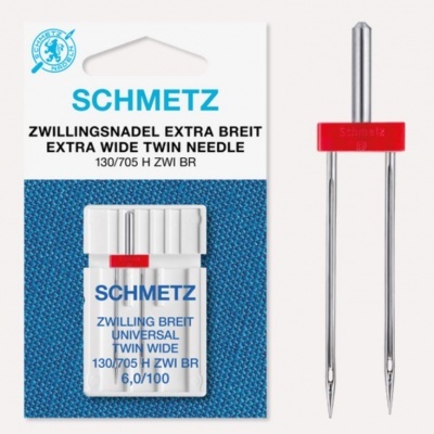 Agulha para máquina de costura dupla SCHMETZ com embalagem branca e azul e faixa vermelha