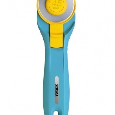 Cortador de tecido azul e amarelo com lâmina circular de 45 mm