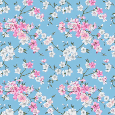 Padrão floral com flores rosa e brancas sobre fundo azul claro