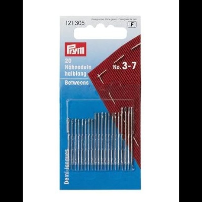 Conjunto de agulhas Prym meio-longo Nº 3-7 em embalagem azul com tecido vermelho