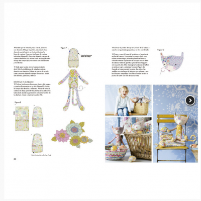 Página de revista com instruções e fotos de objetos de tecido colorido e decorativo