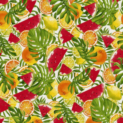 Padrão com frutas e folhas tropicais em fundo branco