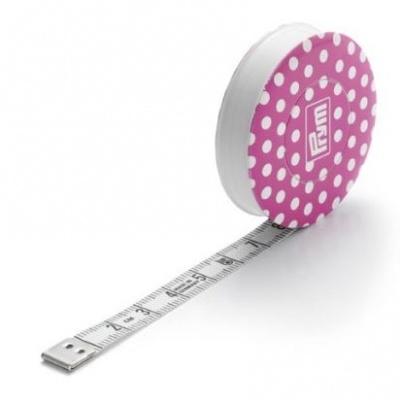 Trena de fita métrica branca com estojo rosa de bolinhas brancas