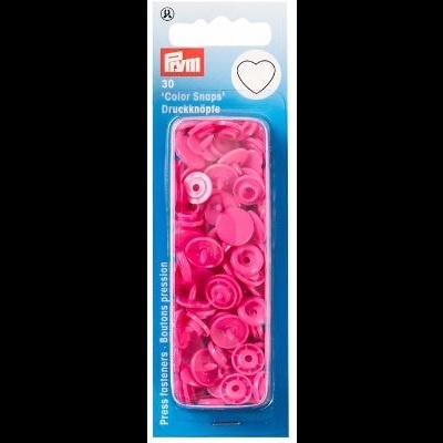 Embalagem azul com 30 botões de pressão rosa da marca PRYM