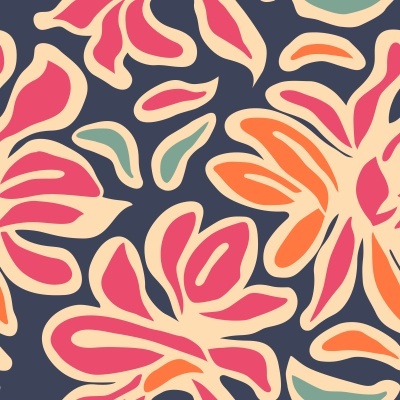 Padrão têxtil colorido com formas florais abstratas.