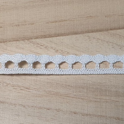 Fita decorativa branca em tecido com padrão hexagonal sobre madeira clara