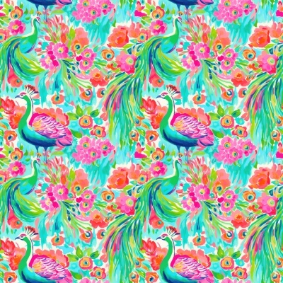 Papel de parede colorido com pavões e flores grandes em tons vibrantes