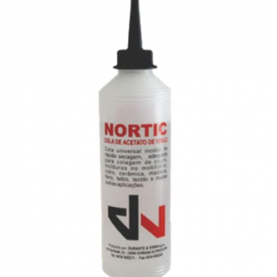 Frasco de cola NORTIC com tampa preta e texto vermelho e preto