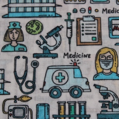 tecido estampado com desenhos médicos coloridos e texto Medicine e HOSPITAL