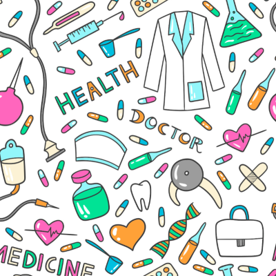 Padrão colorido com ícones médicos e palavras em inglês