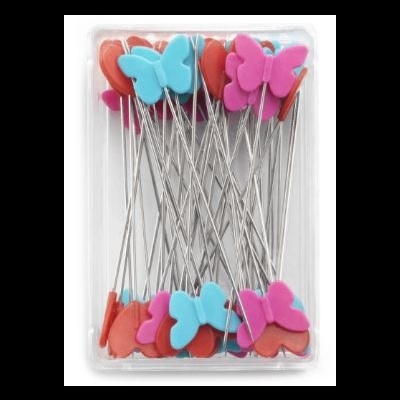 Embalagem de alfinetes com cabeças coloridas em forma de borboletas e corações.