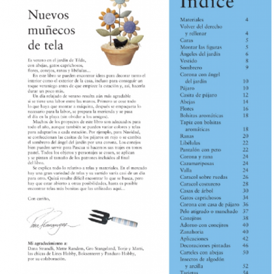 Página com texto em espanhol sobre bonecos de tecido e índice de conteúdos relacionados a artesanato