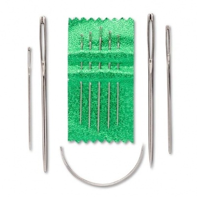 Conjunto de agulhas de costura metálicas em faixa verde