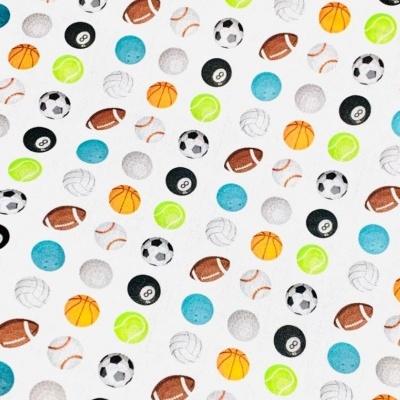 Tecido branco com padrão de bolas desportivas coloridas variadas