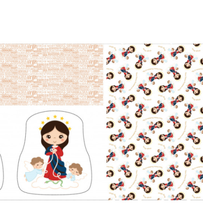 Almofadas com ilustração religiosa e padrão de motocicletas coloridas